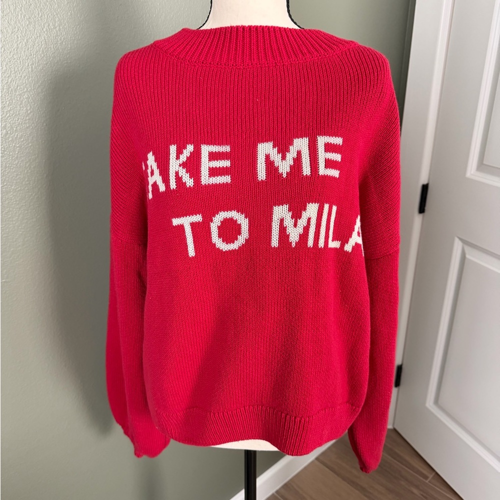 Maeve Red Knit Crewneck Sweater with White Lettering